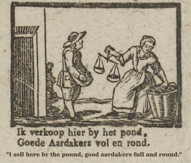 Historical woodprint showing aardaker being sold by weight